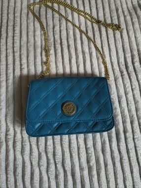 Anne Klein Quilted R Blue Crossbody Bag with Gold Chain